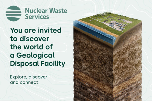 Image of a GDF surface site - wording alongside - Your are invited to Discover the World of Geological Disposal Facility (GDF), Discover, Explore, Connect.