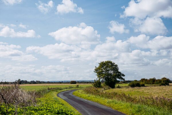 Landscape image of a road winding away into the distance with a tree on the right and fields either side. Blue sky and clouds.